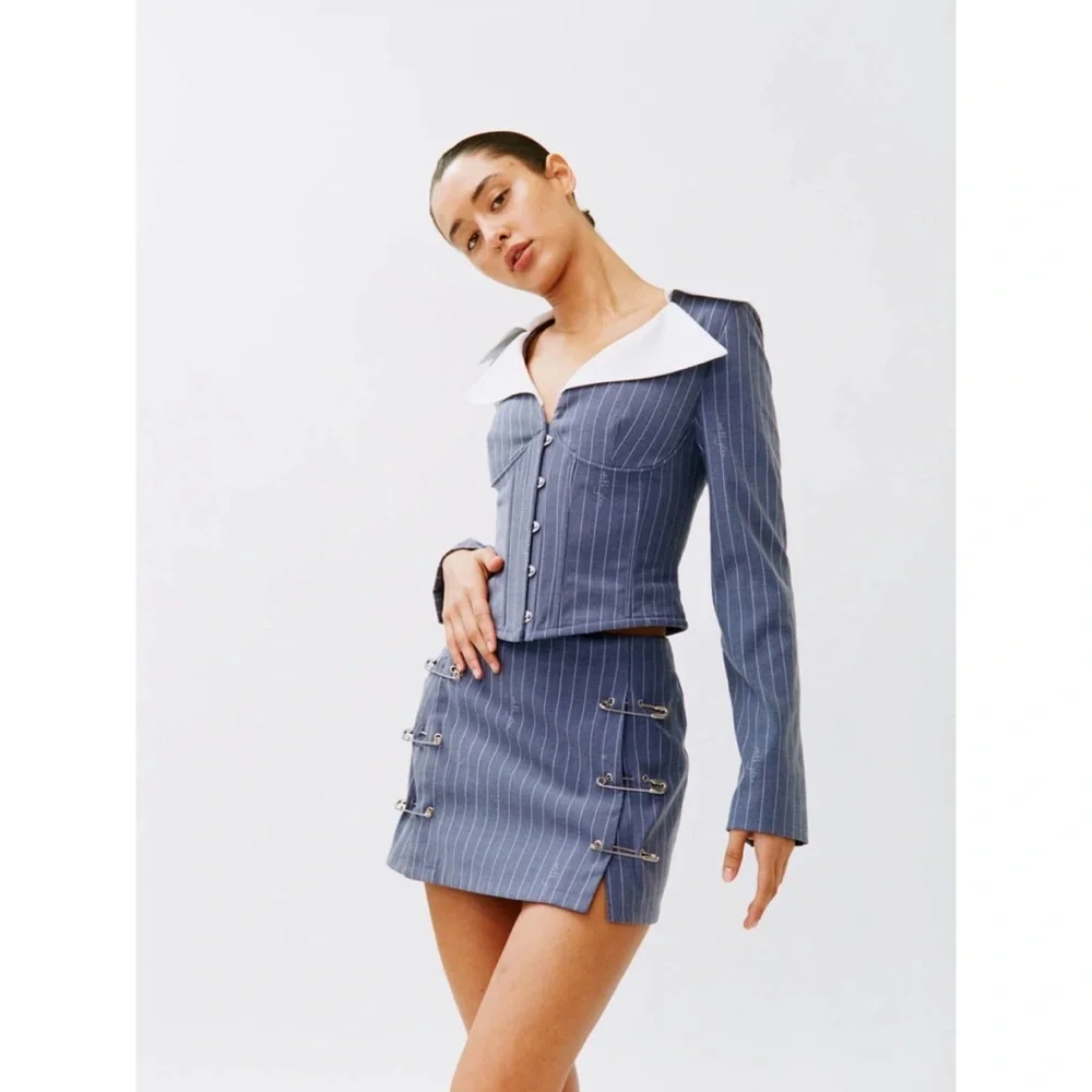 ✨Sold✨With Jean Safety Mini Skirt Pin Me Blue Pinstripe Print S - Picture 2 of 5